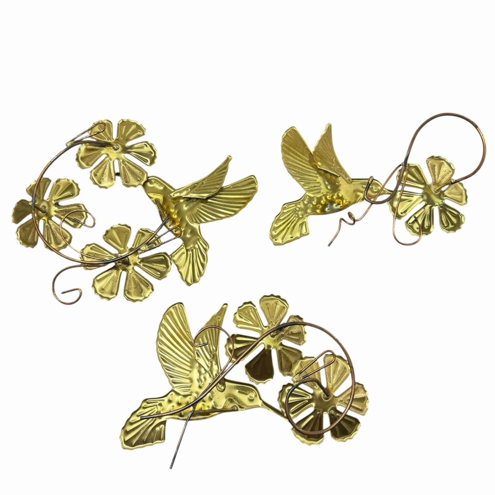 Vtg Home Interior Brass Gold Tone Metal Hummingbirds Flowers Wall Decor Set MCM